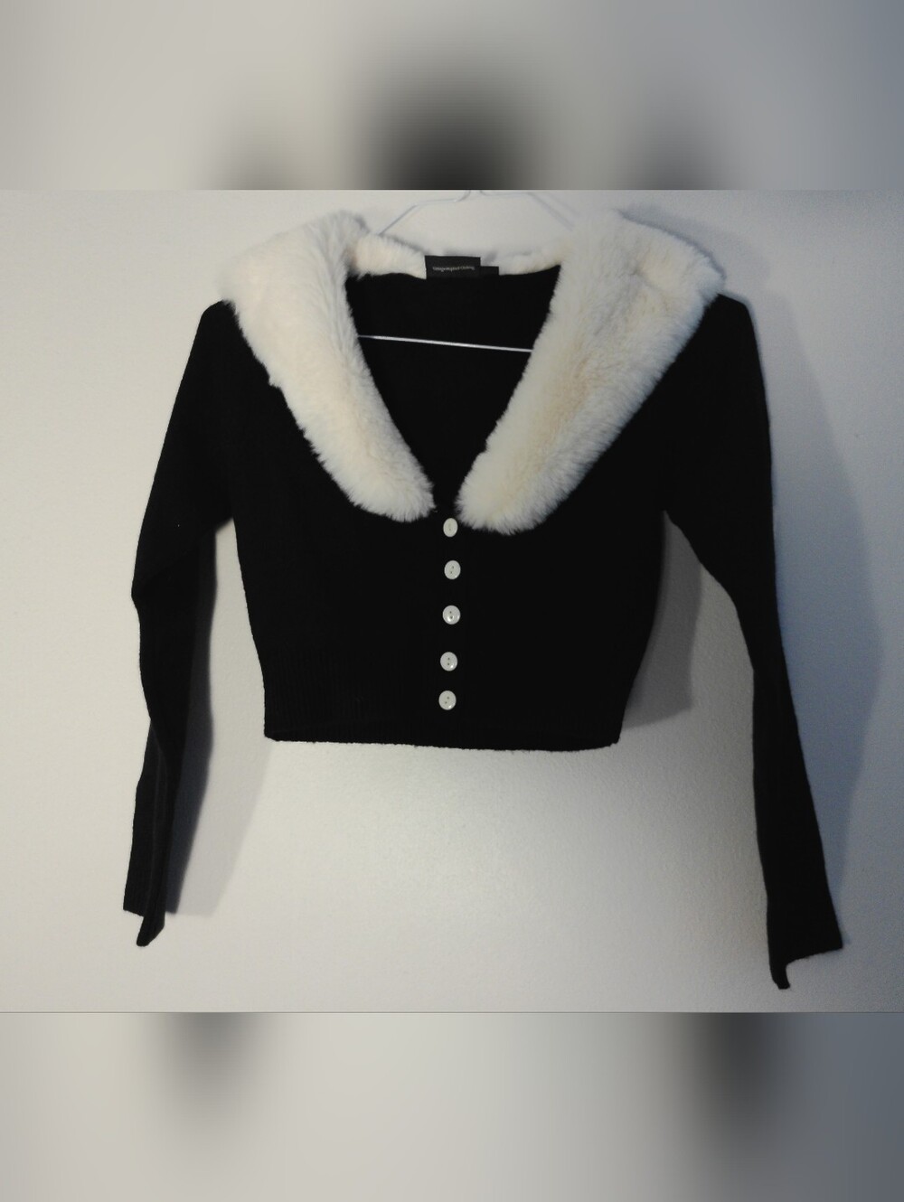 Voodoo Vixen Black Cropped Cardigan with White Faux Fur Collar
